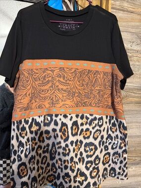 Crazy Train Black, Tan & Turquoise Mixed-Print Short Sleeve Tee